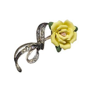 Vintage Avon Silver Tone AB Rhinestone Yellow Porcelain Rose Brooch